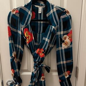 Vintage Diane Von Furstenberg Teal Plaid Silk Blouse w/ bright Floral